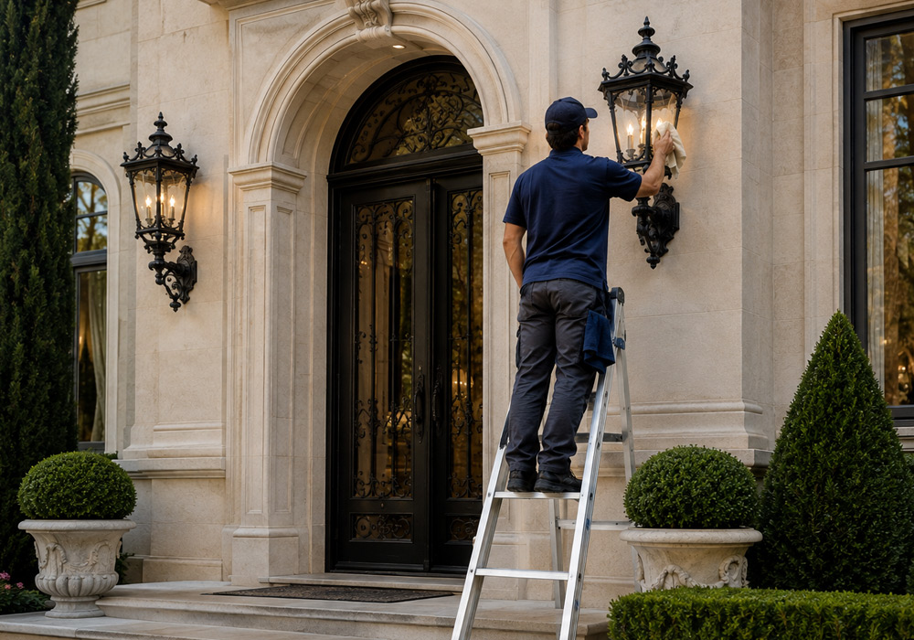 Guy Cleaning Fancy Exterior Light Fixture on a Ladder